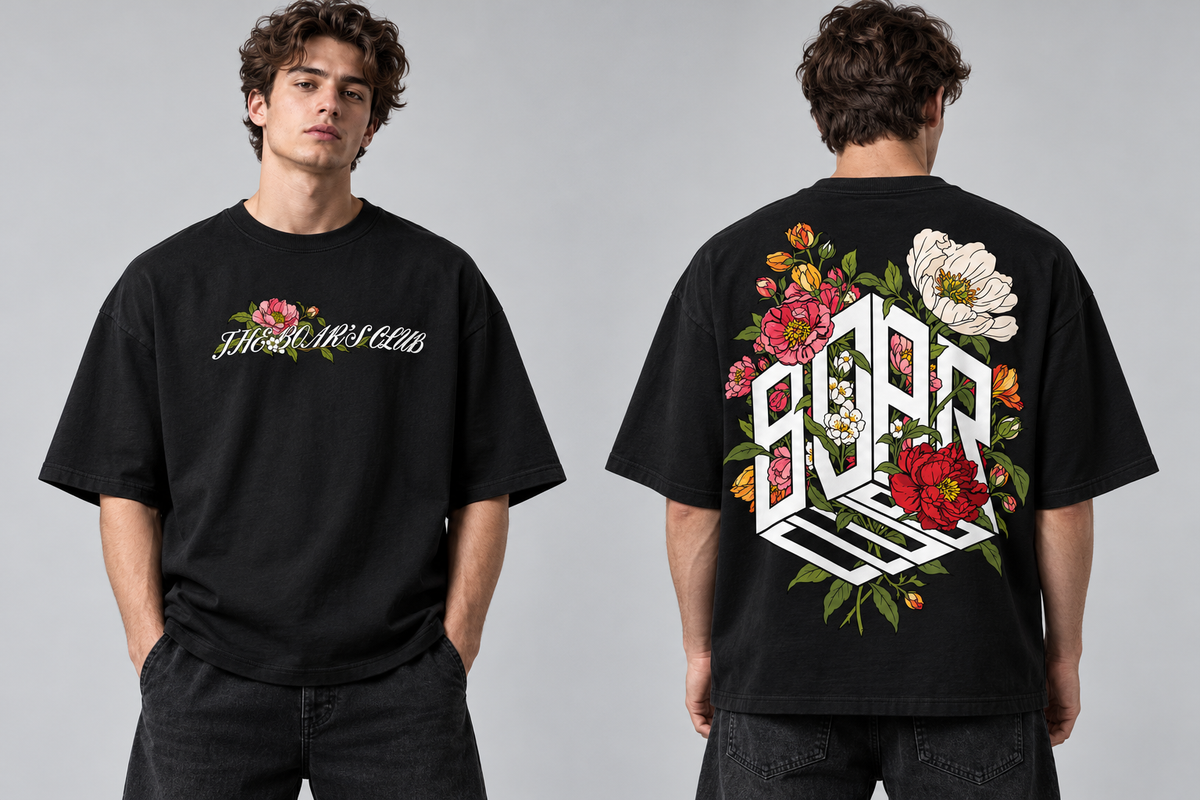 BOAR Drop 001 floral T-shirt, front and back model views