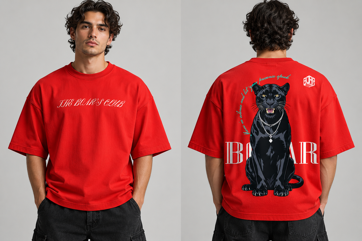 BOAR Drop 001 panther T-shirt, front and back model views